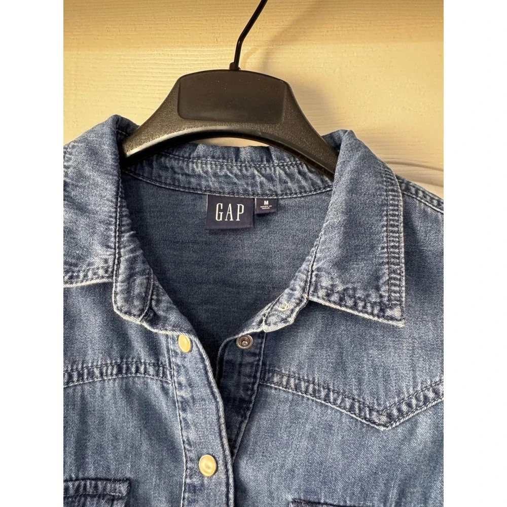 Gap Women Denim Shirt Dress Medium Wash Western Cotton Long Sleeve M Pockets